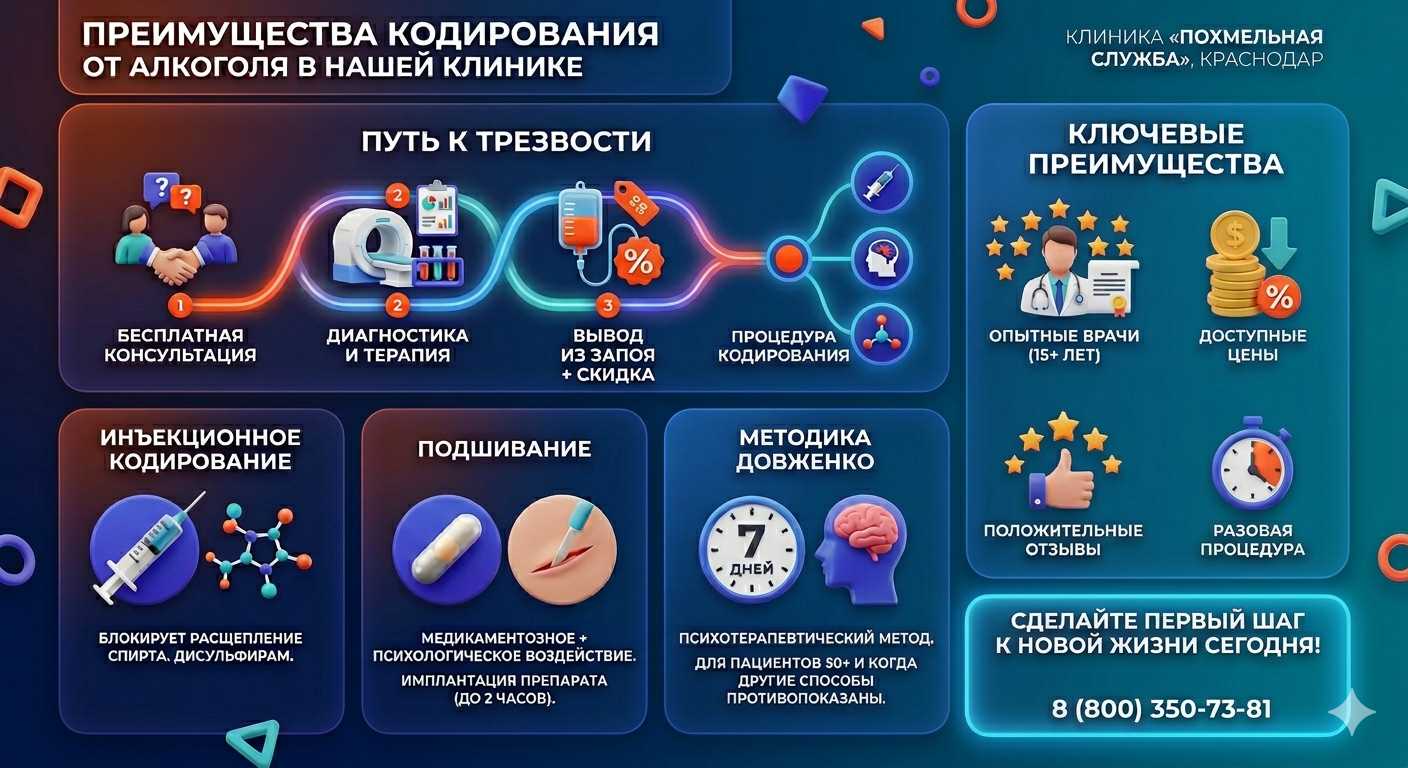 Инфографика о методах кодирования от алкоголя в Черняховске: инъекции, подшивание, метод Довженко. Преимущества клиники и этапы лечения.
