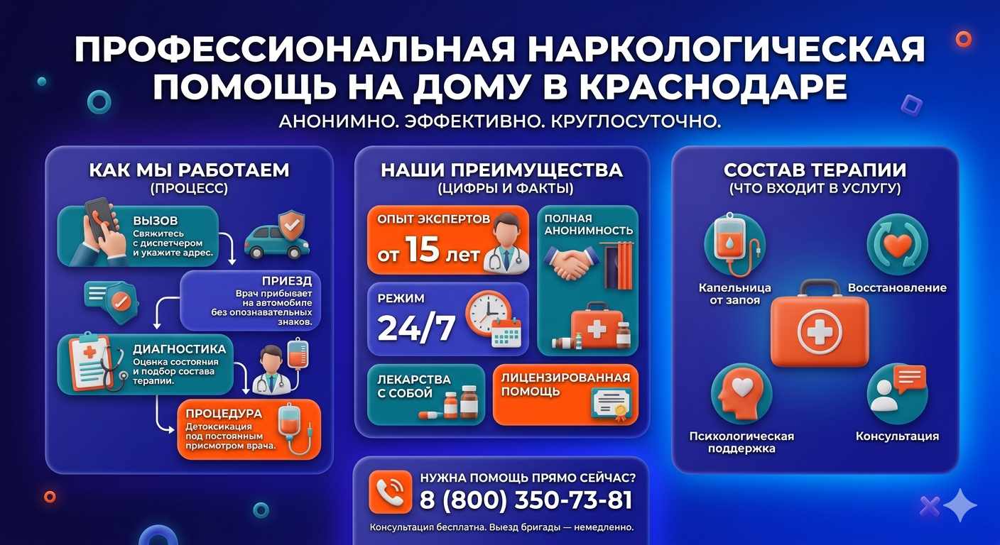 Инфографика о принципах лечения алкоголизма на дому в Черняховске: этапы вызова нарколога, преимущества анонимной детоксикации и состав медицинской помощи.